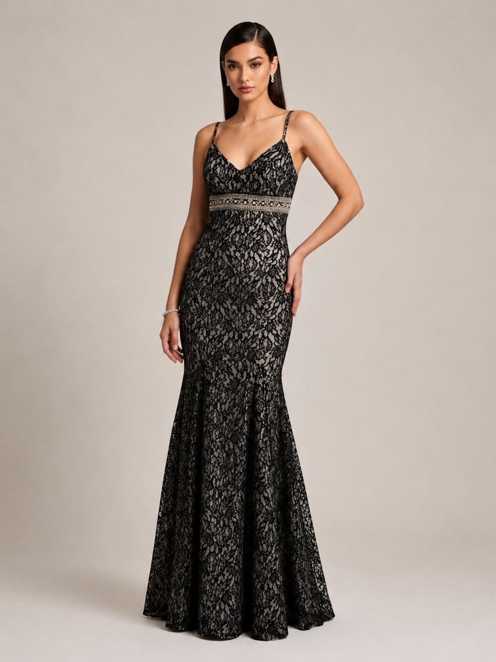 Black Lace Mermaid Maxi Gown Size XS/1 Beaded Empire Waist Formal Evening Dress